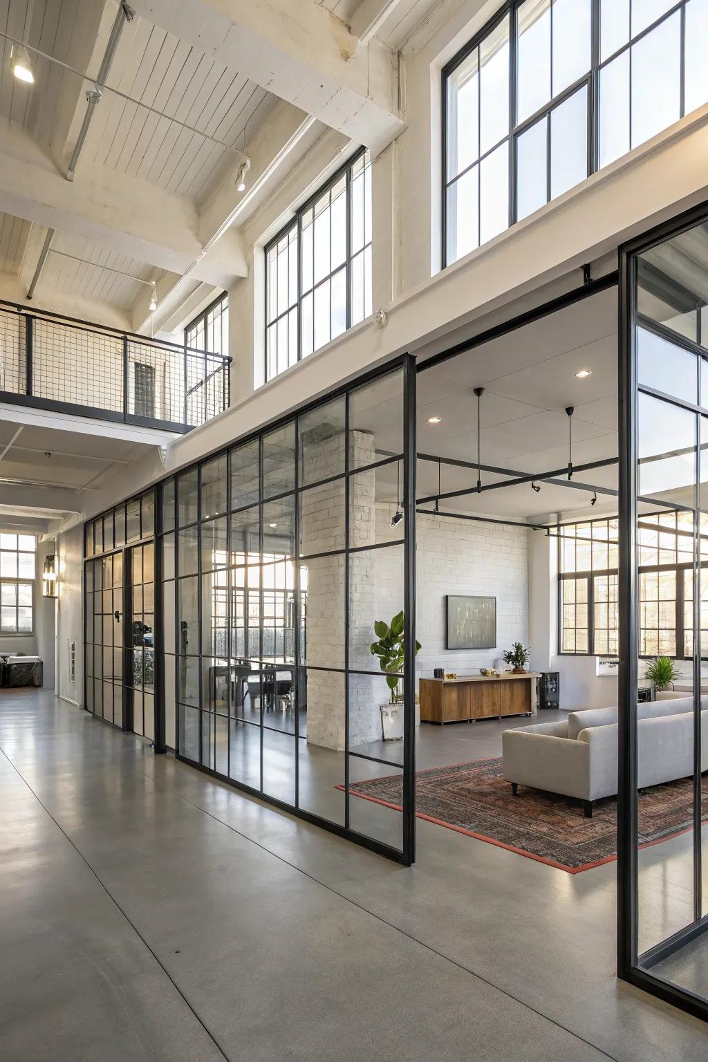 Transparent dividers maintaining an open and airy loft feel.