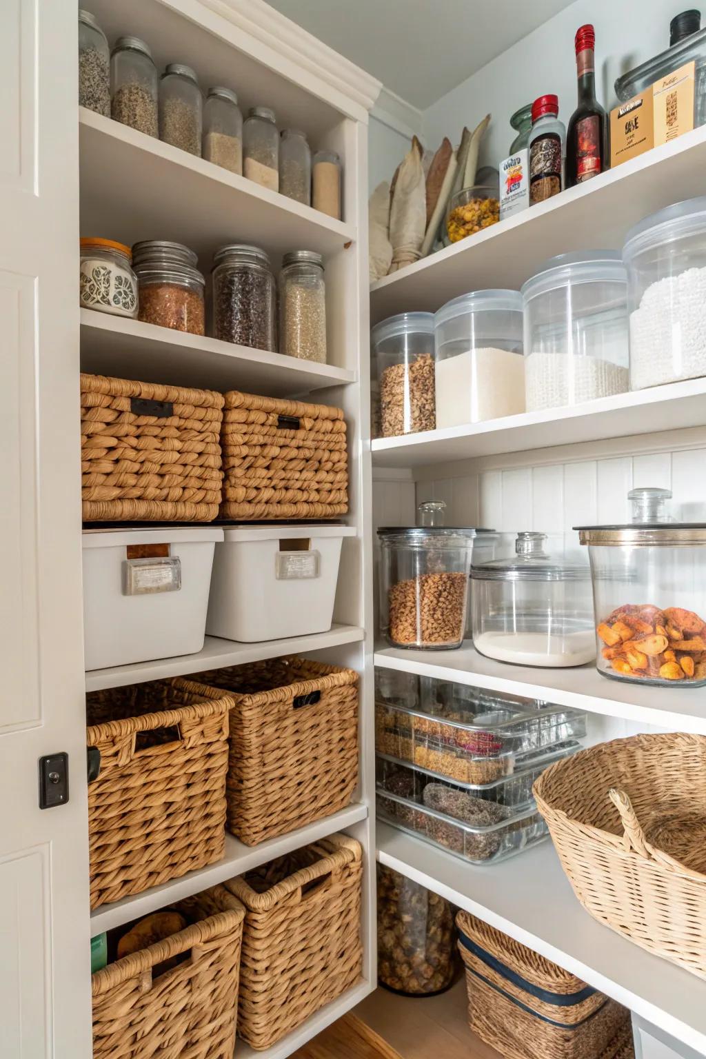 Mix various storage types for a versatile pantry setup.