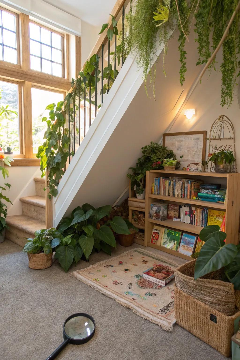 A nature exploration nook under the stairs for budding scientists.