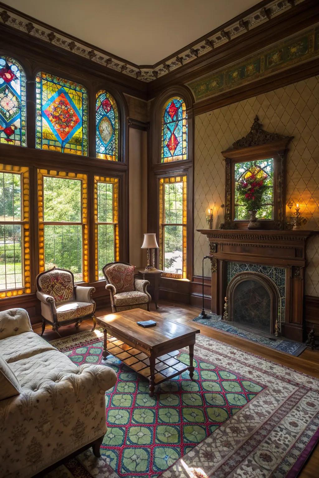 Stained glass windows introduce artistry and vibrant colors.