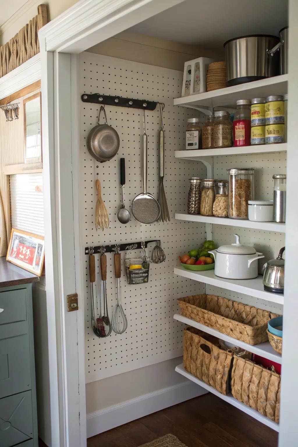 Pegboard for organizing tools and gadgets in the pantry.