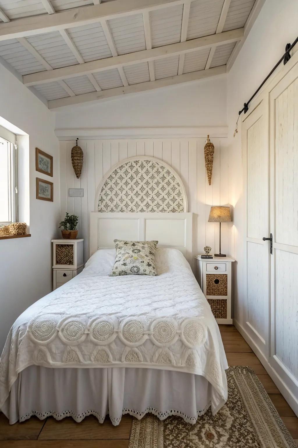 A focal point like a unique headboard adds character to a small white bedroom.