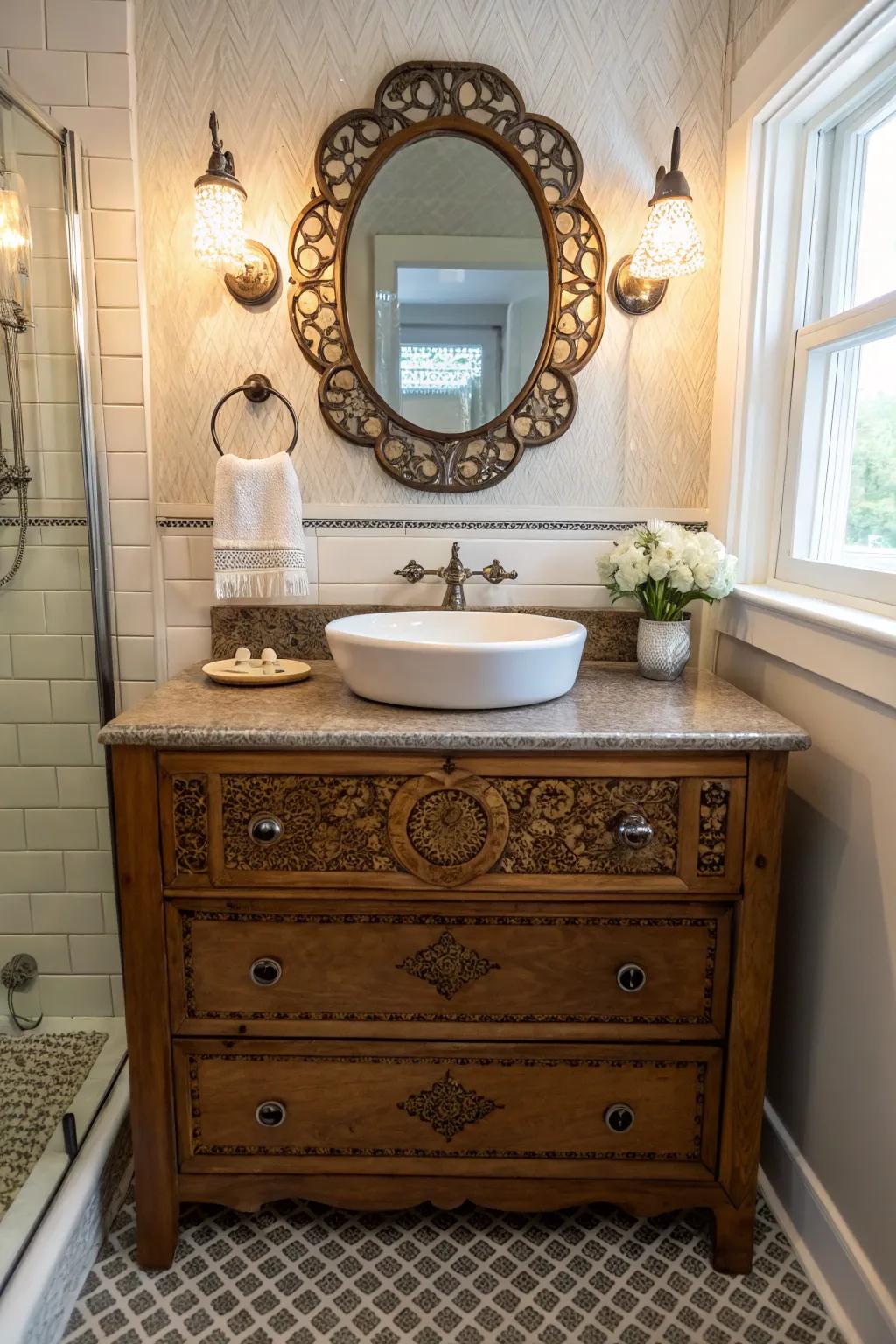 Antique furniture repurposed for a unique bathroom vanity.