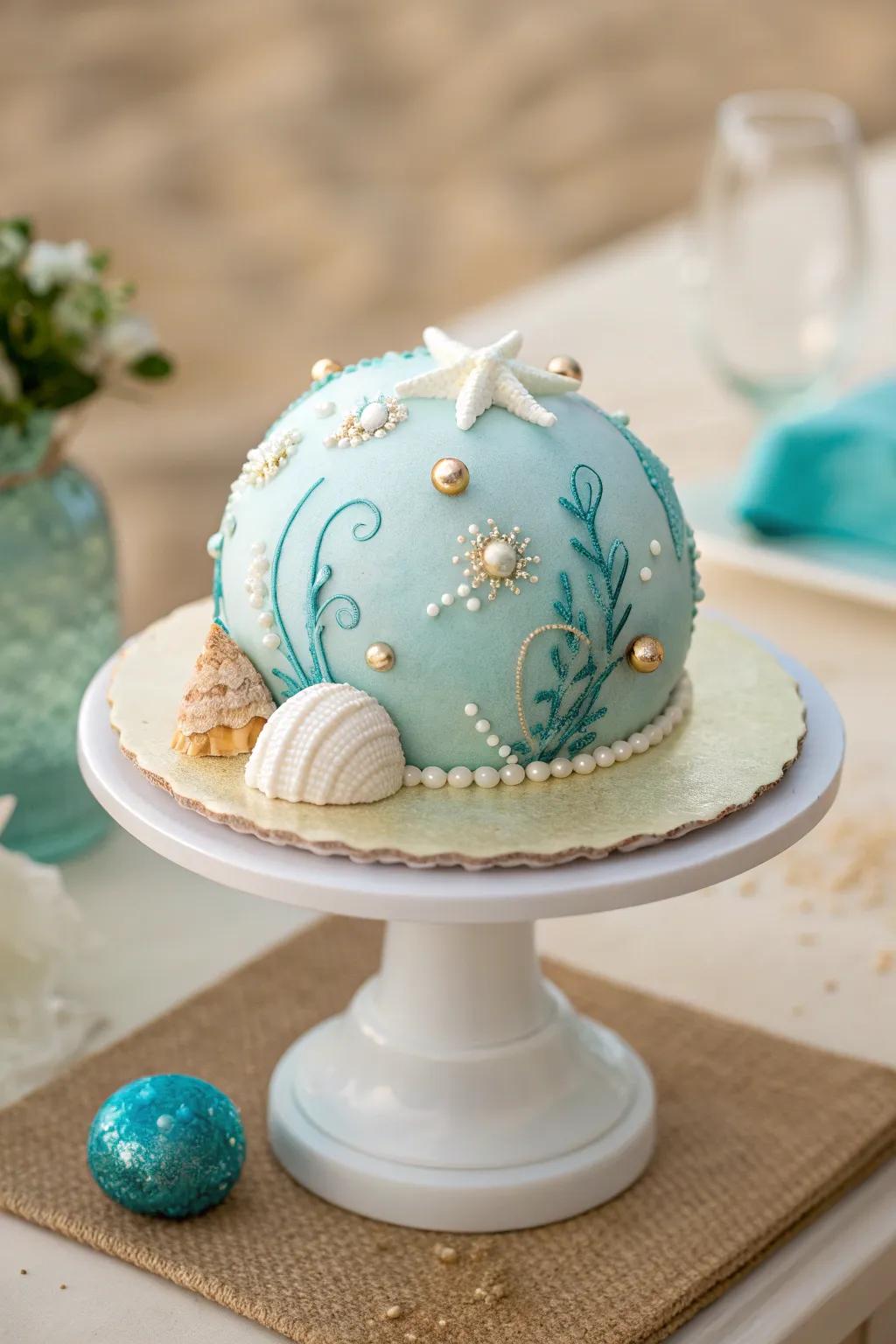 Dive into elegance with this Oceanic Pearl Cake, perfect for a beachside celebration. #CulinaryArt #BeachWedding
