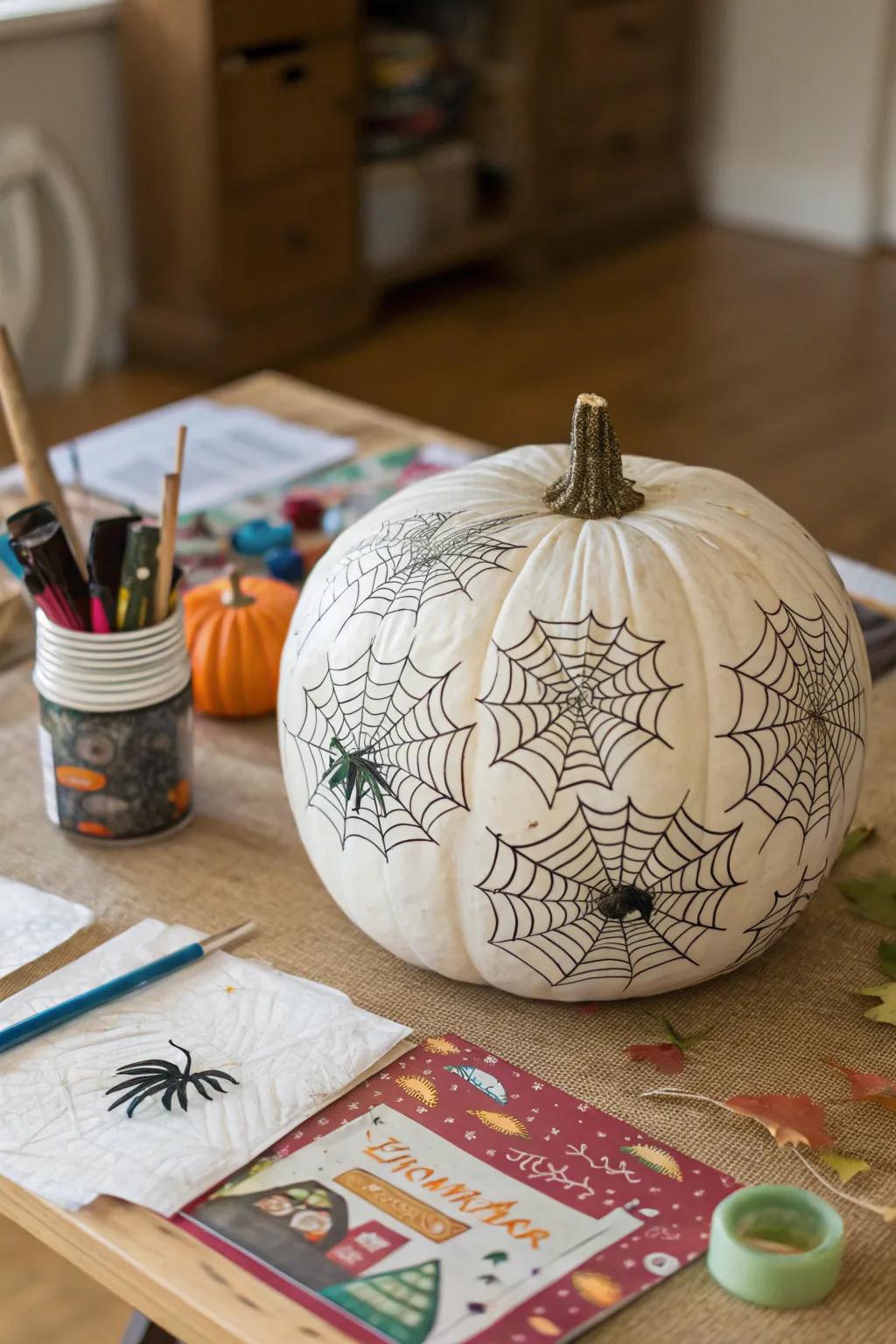 A pumpkin adorned with decoupaged spider webs.