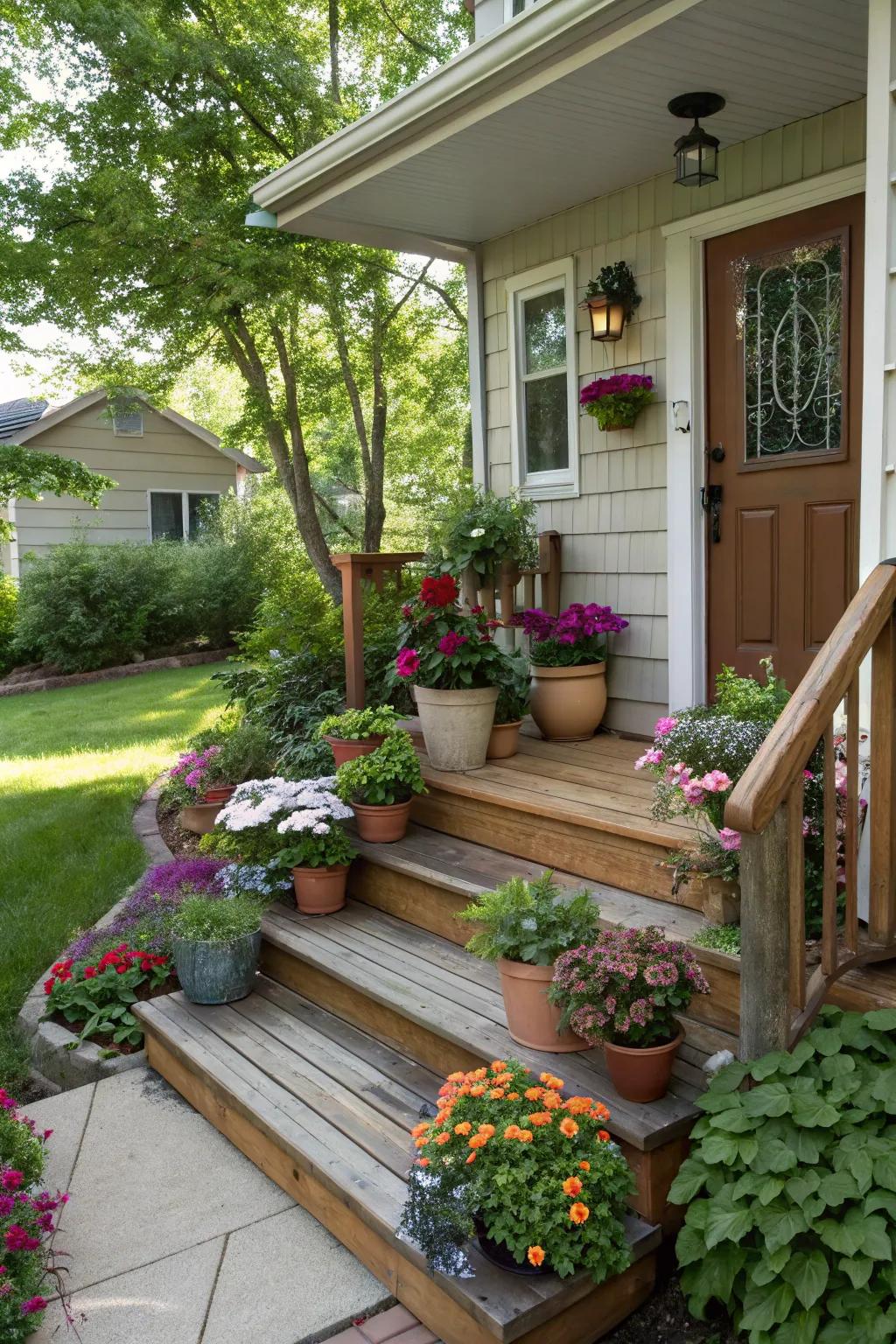 A collection of potted plants brings vibrancy and life to this split foyer porch.