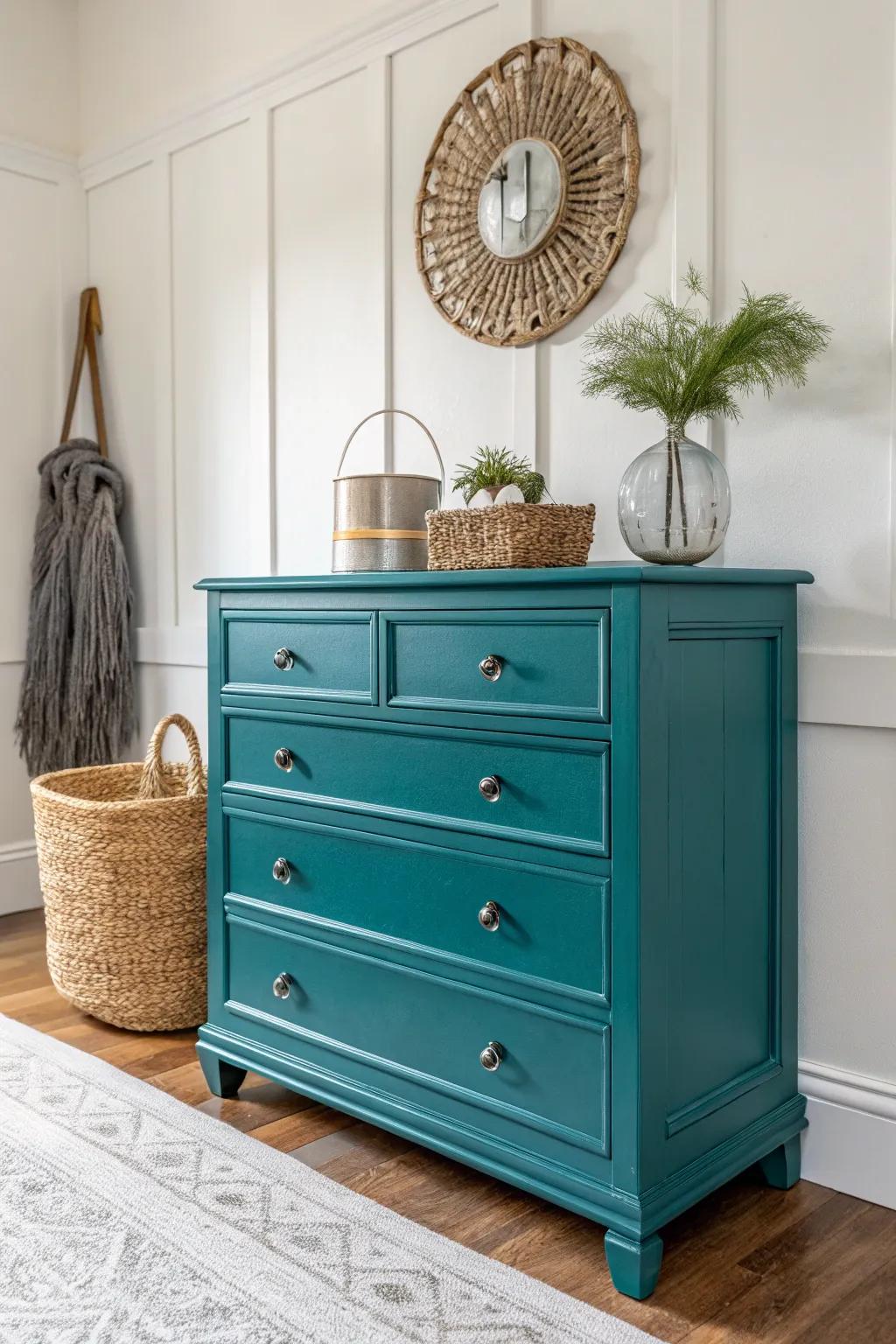 Transform your vintage dresser with a stunning high gloss finish for a chic, modern look.