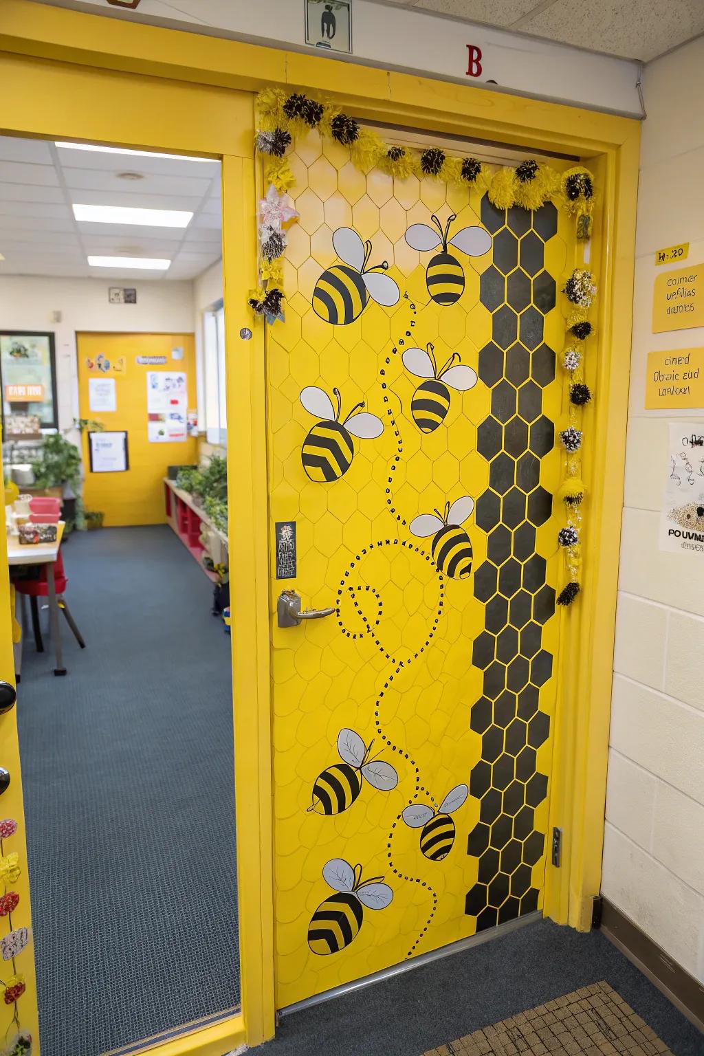 A buzzing bumblebee theme on a preschool door.