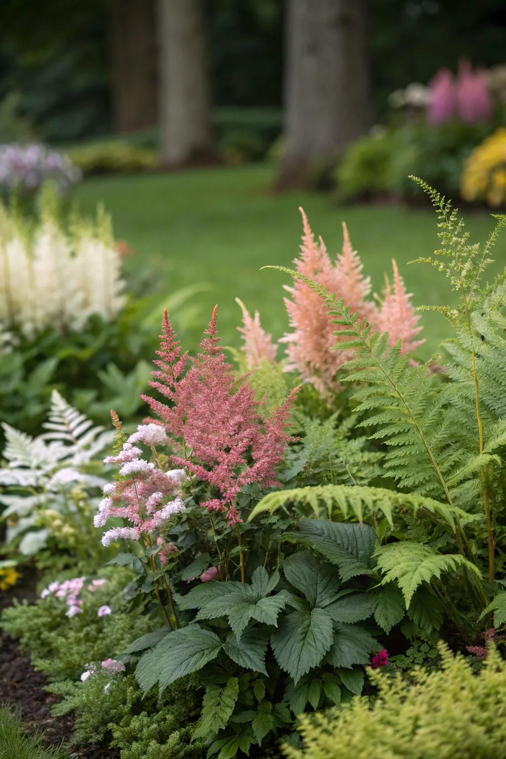 Textured foliage adds depth to a vibrant flower bed.