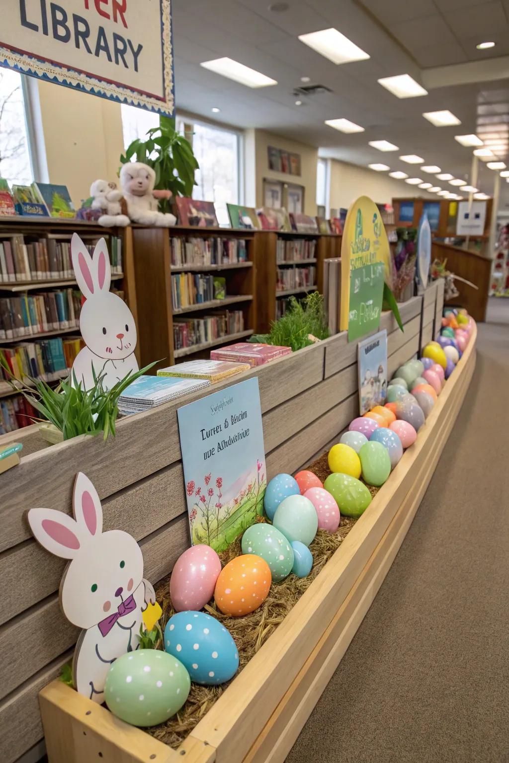 An Easter-themed display with books, colorful eggs, and bunnies.