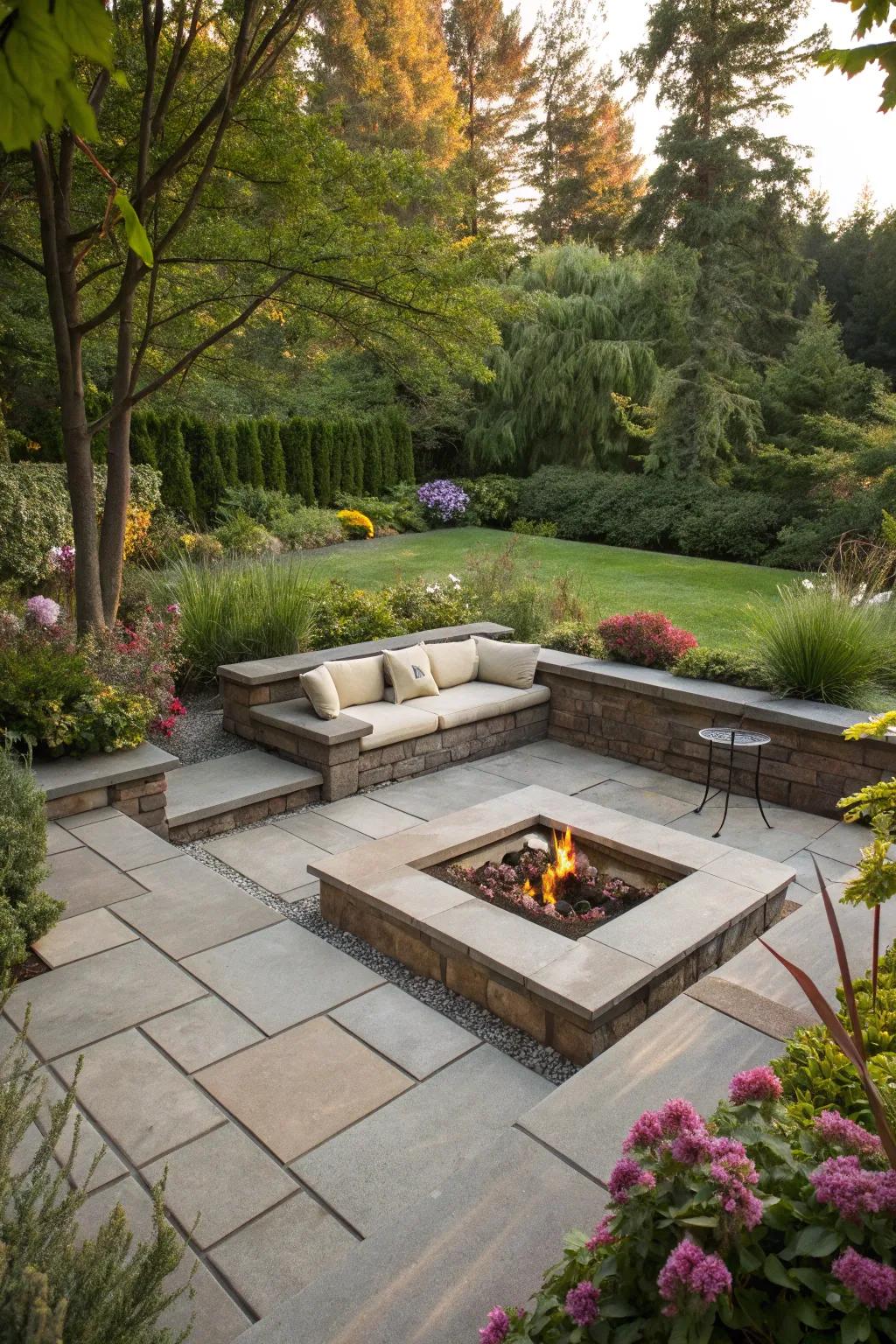 A sunken fire pit offers a cozy retreat within your patio.