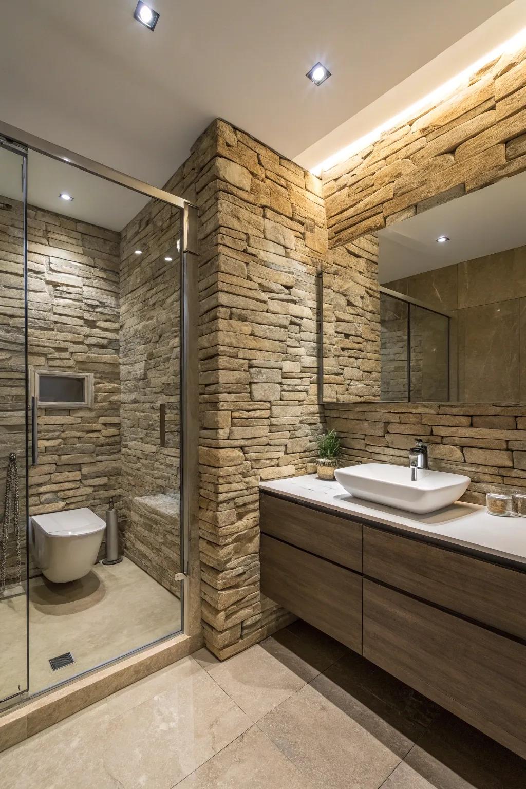 Textural contrast with stacked stone and polished surfaces.