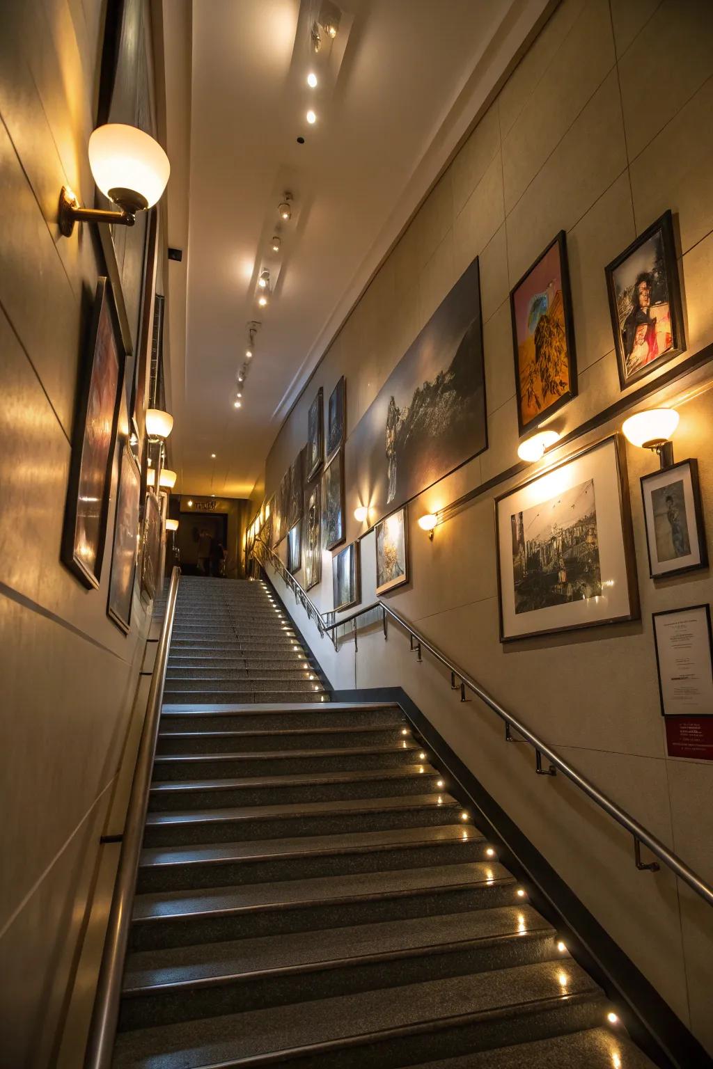 Picture lights transform your stairwell into a mini gallery.