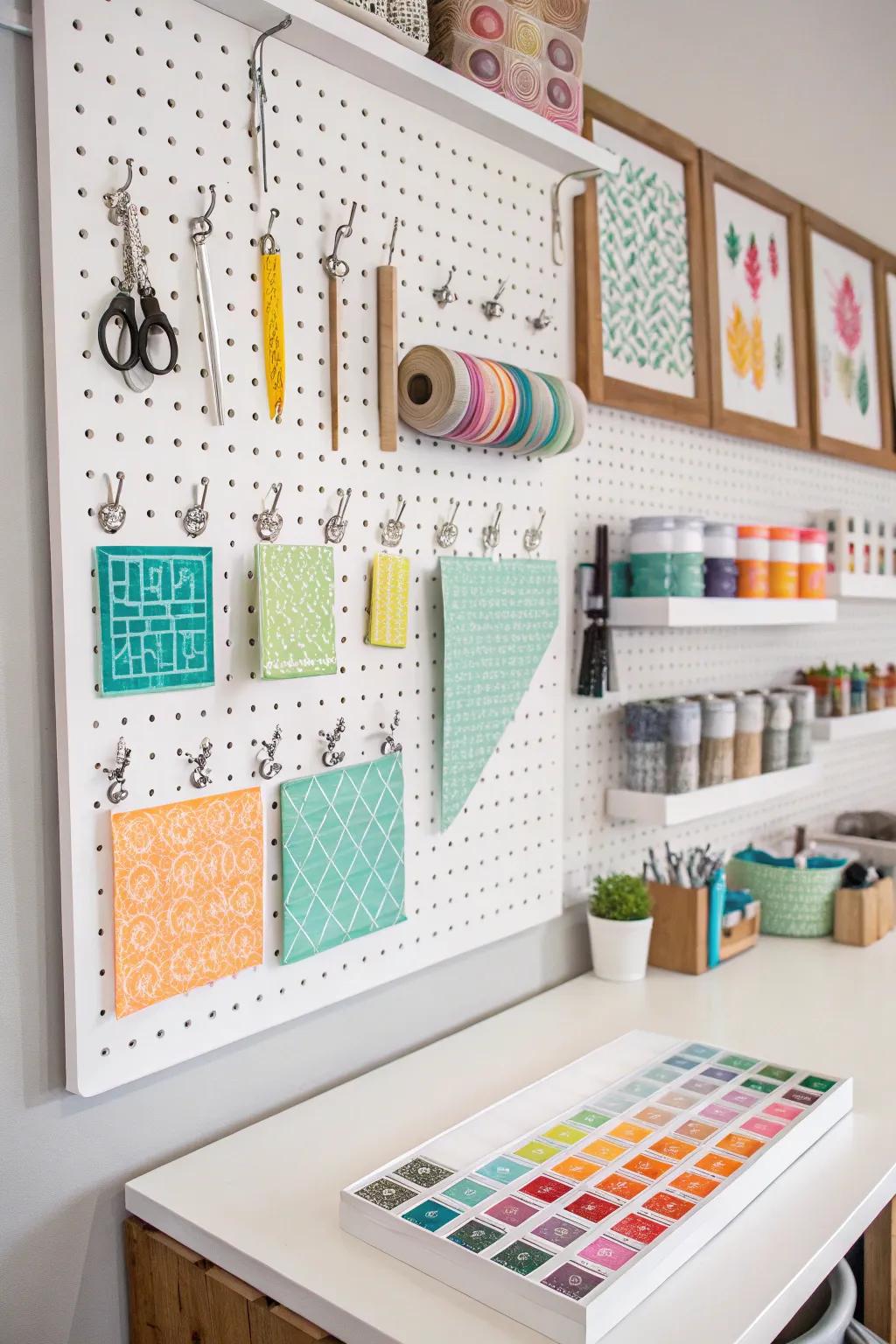 A pegboard display creatively showcases your stencil collection.