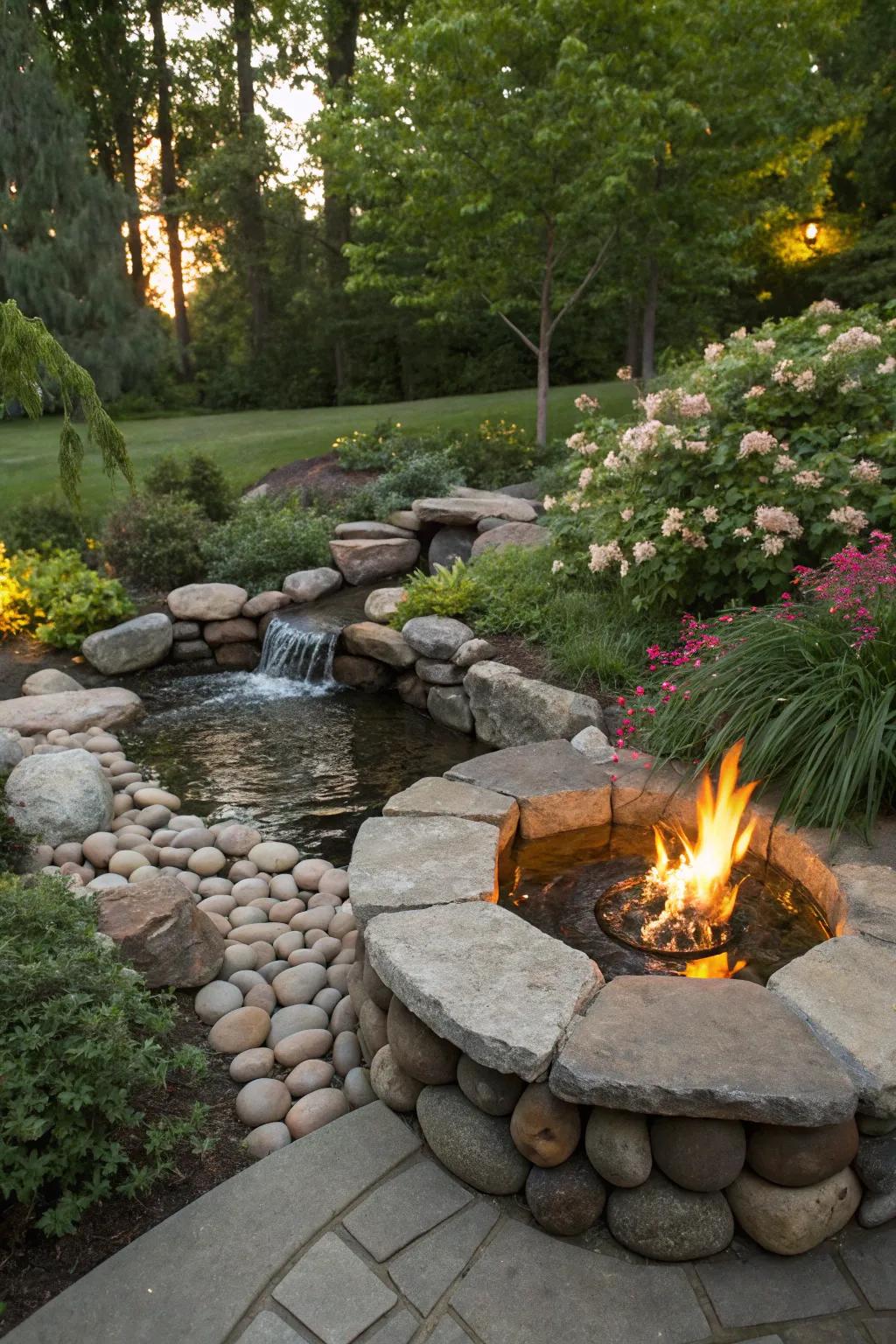 Fire and water elements create a harmonious outdoor retreat.