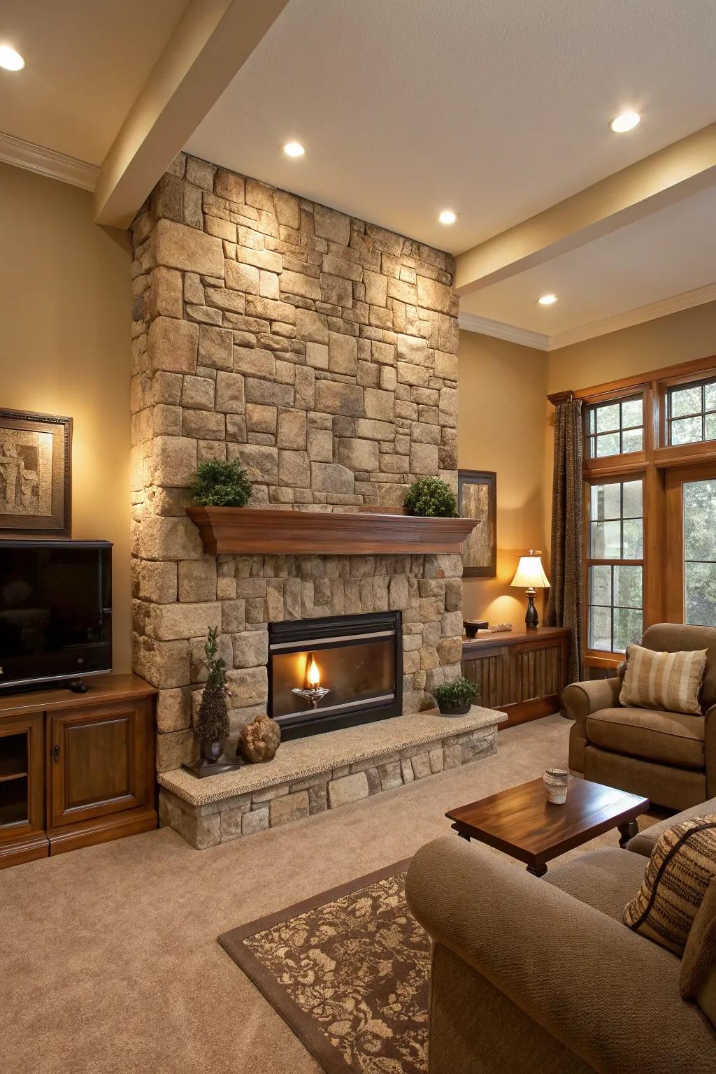 Matching wall paint with fireplace stones creates a seamless and unified design.