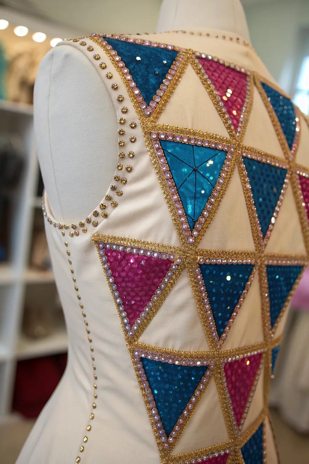 Add a touch of geometric chic to your dance costume with this stunning rhinestone pattern, where modern design meets vibrant elegance.