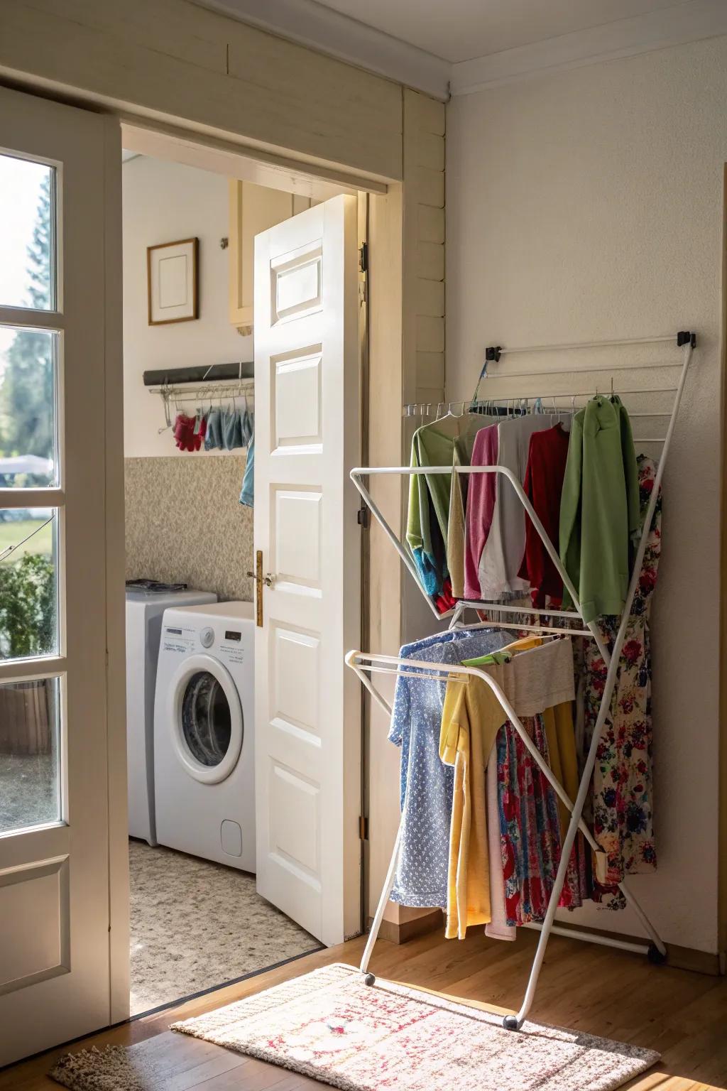 Fold-down drying rack offers space-saving laundry solution.