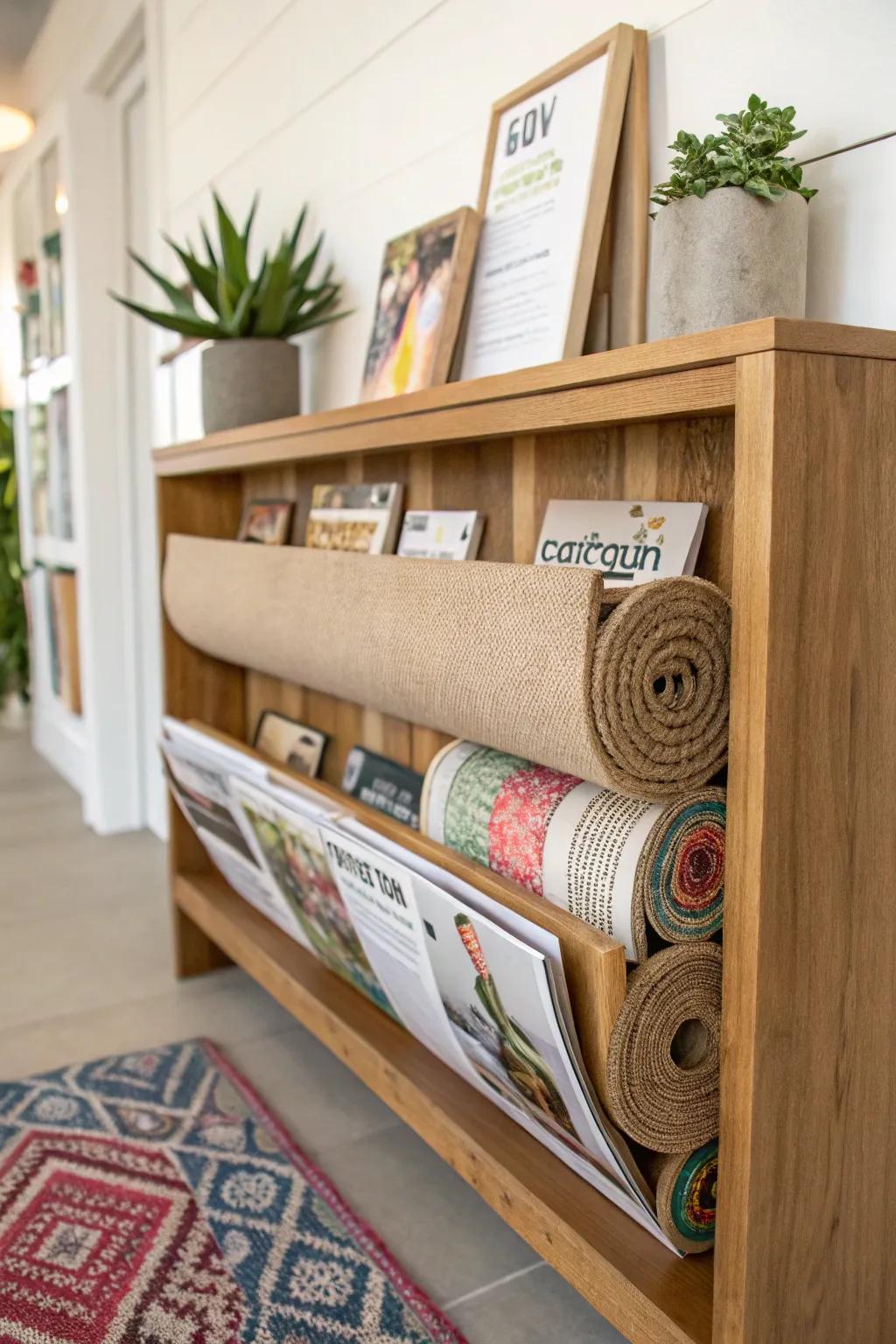 Repurposed magazine holders for storing bulletin board borders.