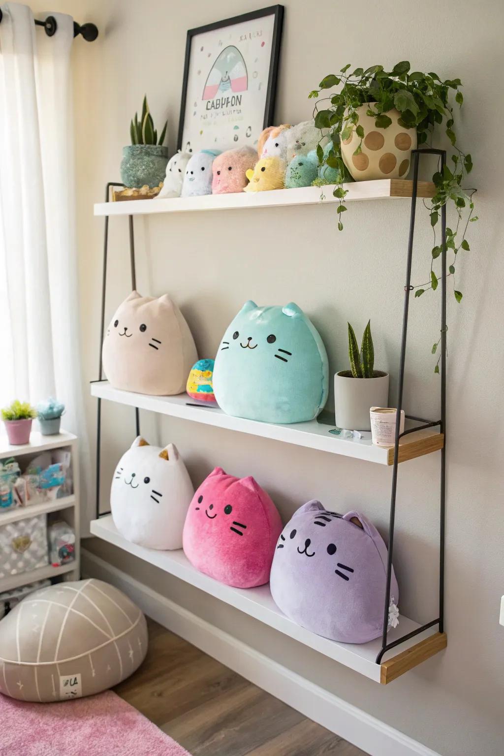 Floating shelves provide a sleek display for Squishmallows.