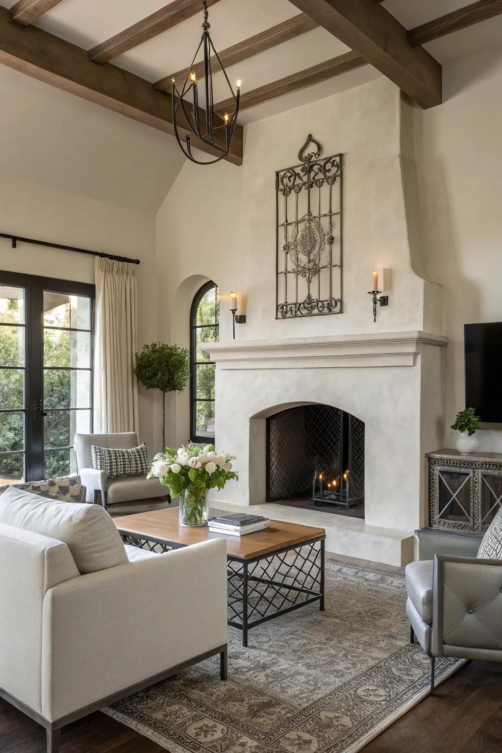 A minimalist stucco fireplace with metal accents offers a contemporary touch.