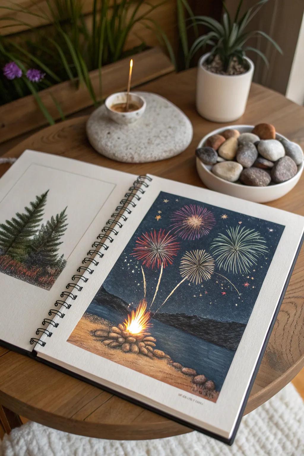 Capture the magic of summer nights in your sketchbook, where fireworks and campfires come alive on paper.