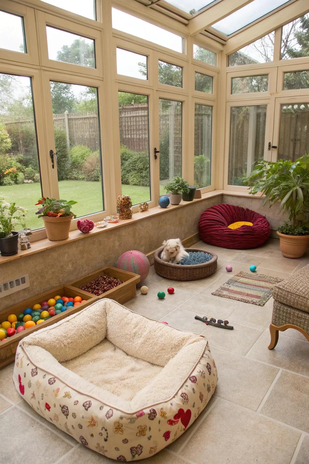 A sunroom designed as a pet-friendly zone, perfect for relaxation and play.