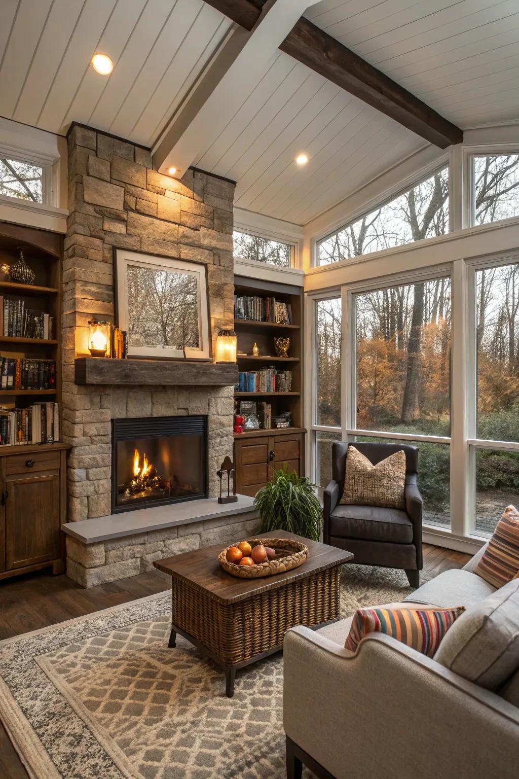 A sunroom fireplace with built-in shelving, combining style and functionality.