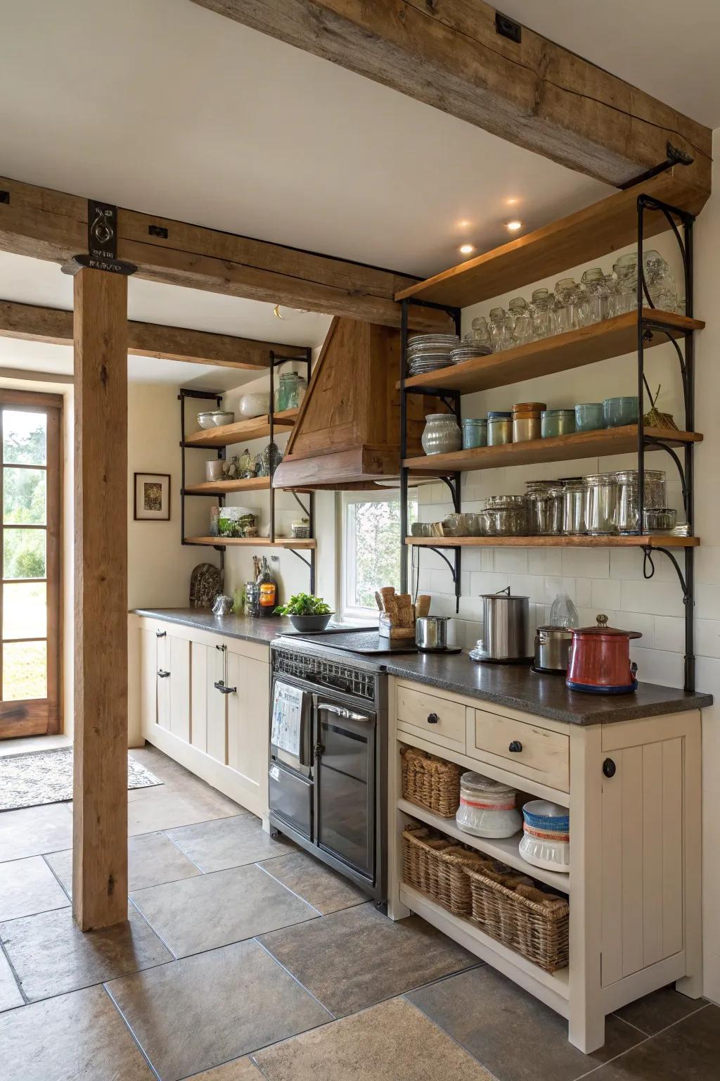 Kitchen beams with integrated shelves for extra storage space.