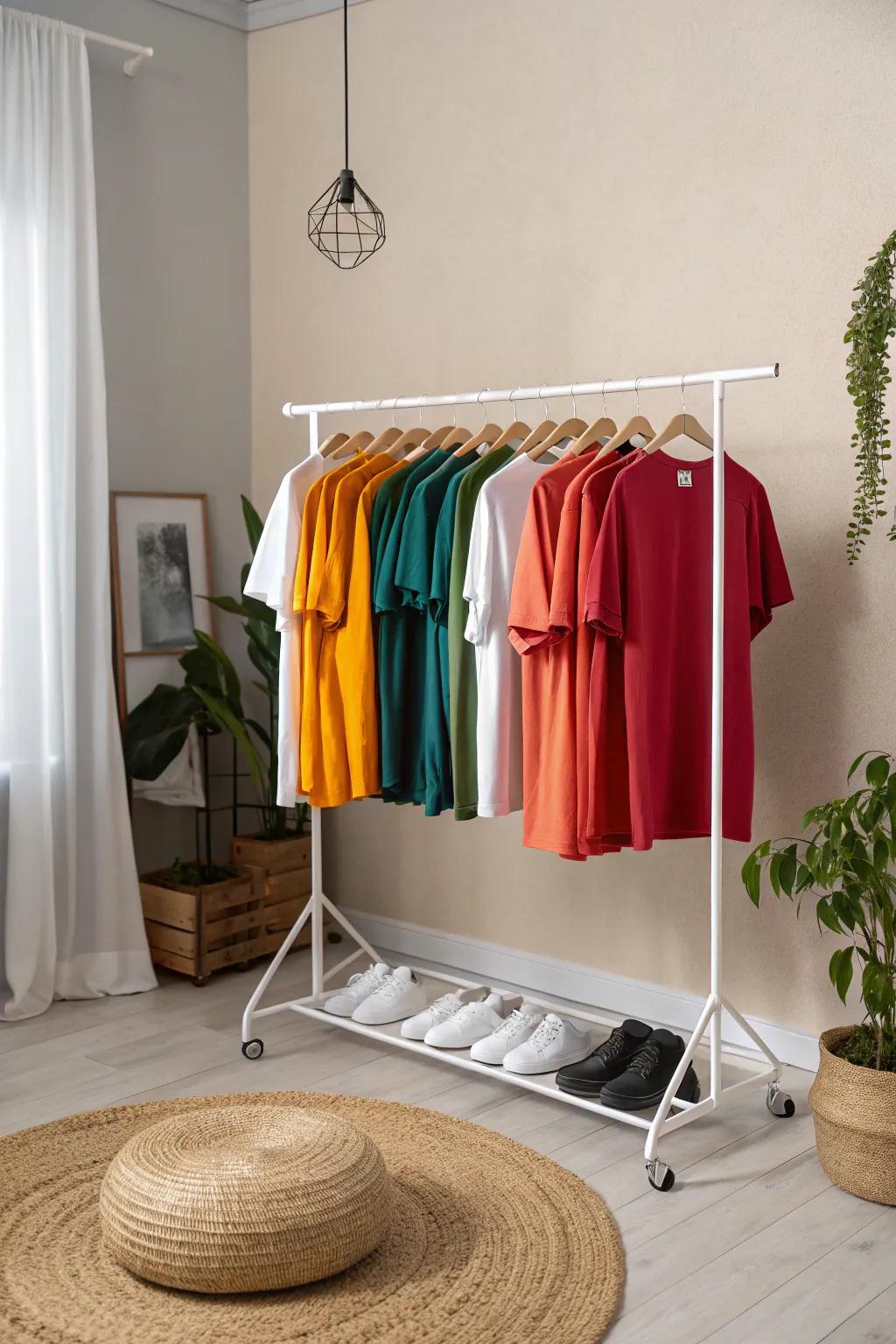 Elevate your space with a chic rolling rack—organize your t-shirts in style!