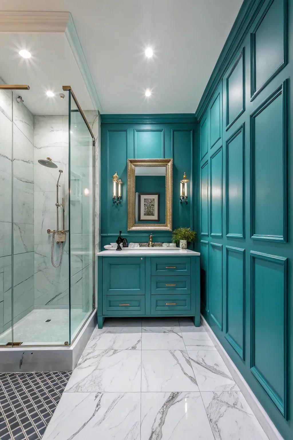 Teal panelling adding character and depth to the bathroom.