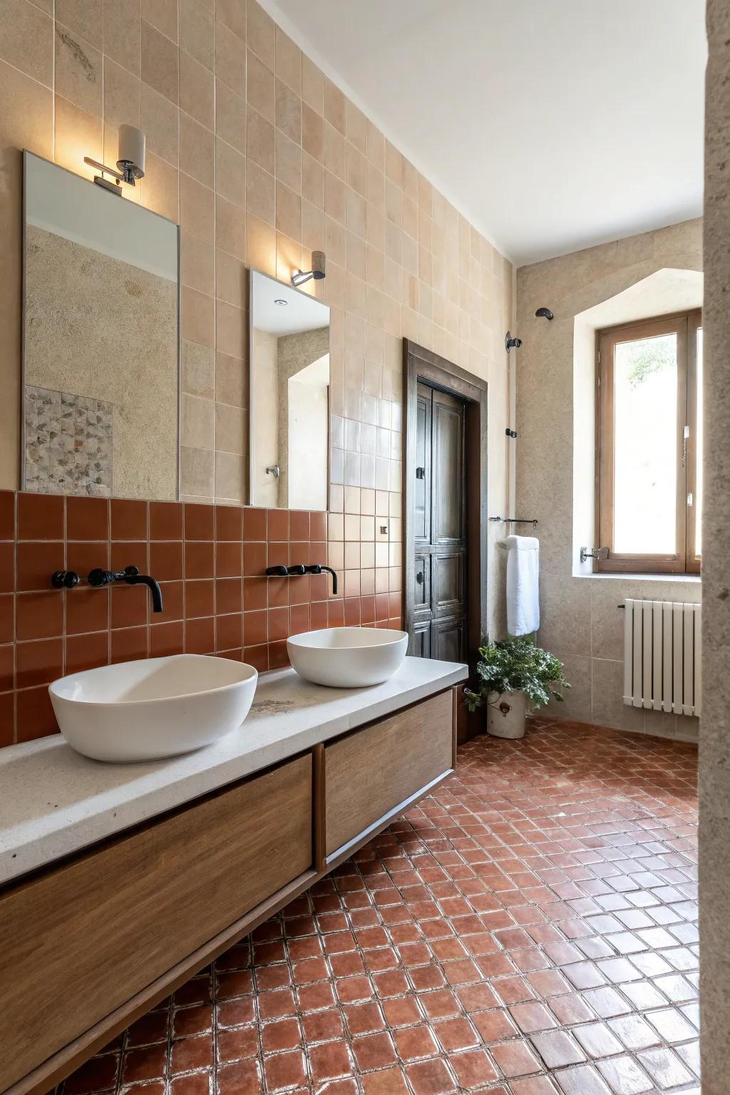 Playful terra cotta terrazzo tiles add texture to the minimalist bathroom.