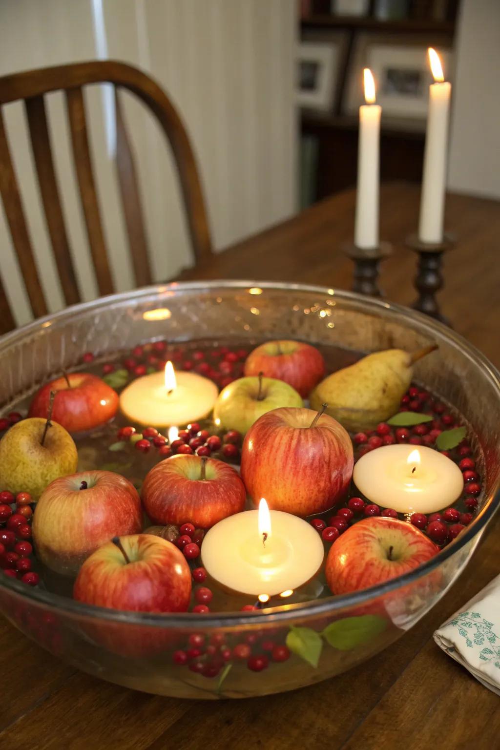 Floating fruits and candles make for a fun and festive Thanksgiving centerpiece.