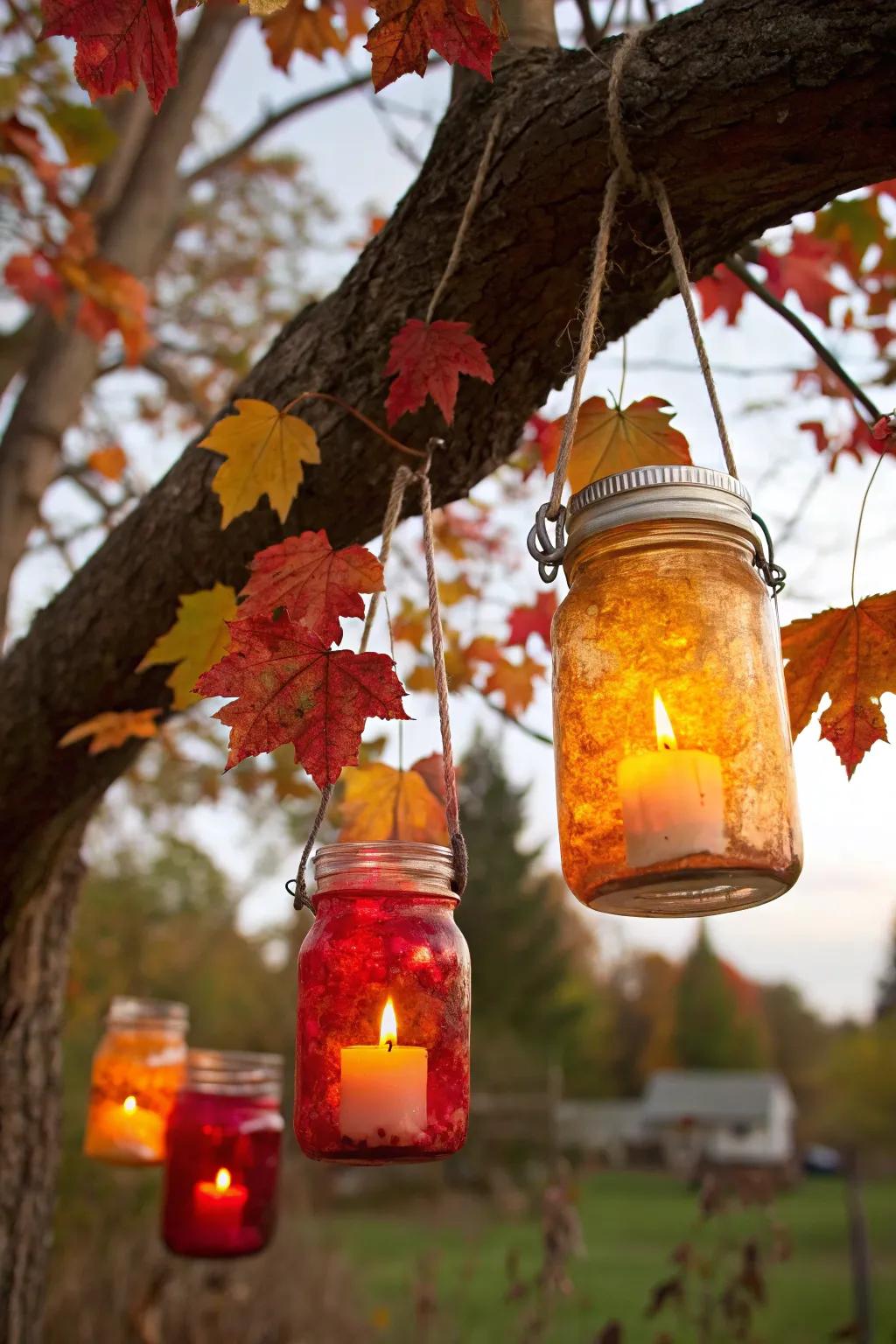 Mason jar candle holders add a warm touch.