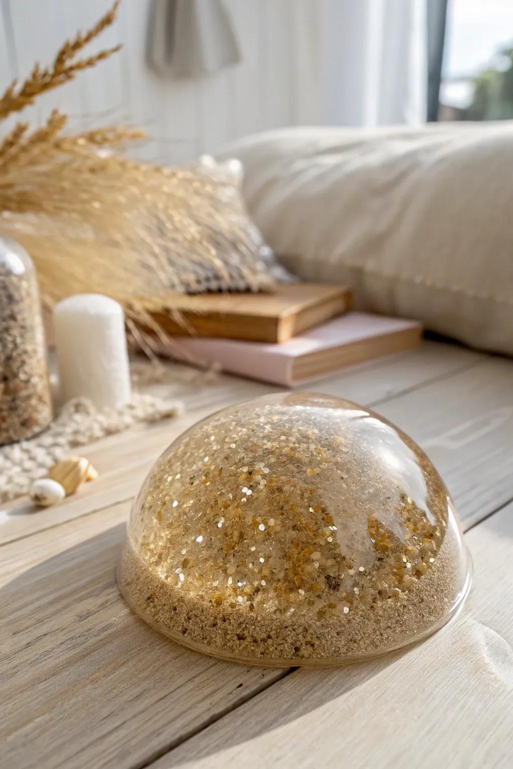 Discover the enchanting texture of sand-infused slime, where minimalist design meets beachy vibes.