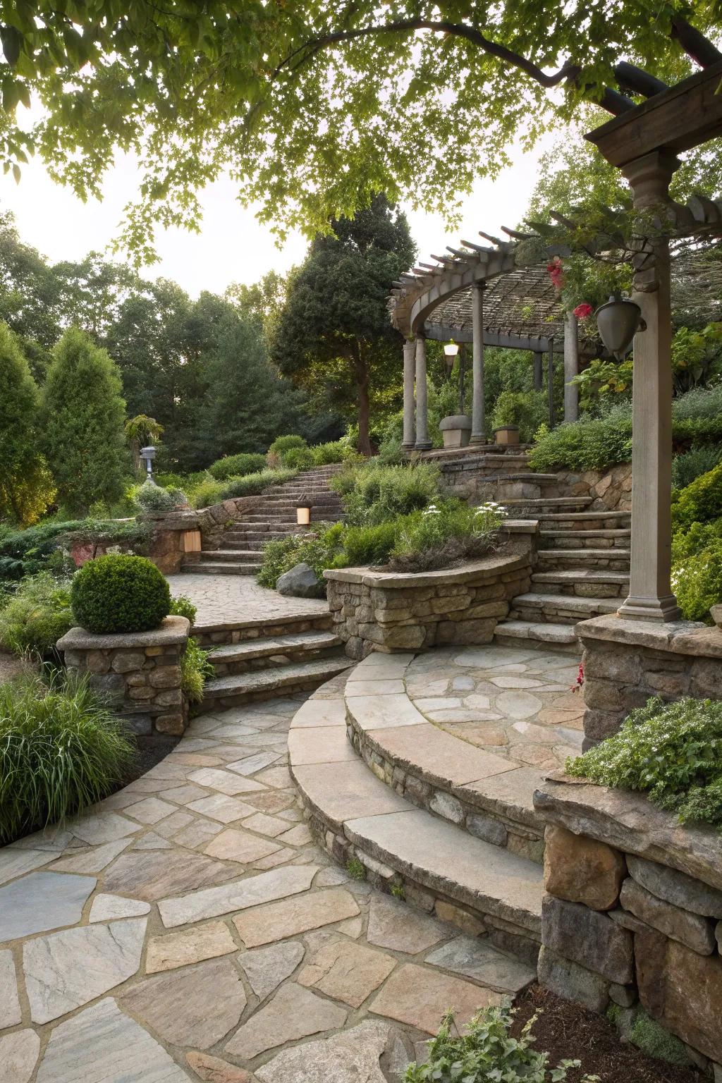 Natural stone pathways offer beauty and functionality on a tiered patio.