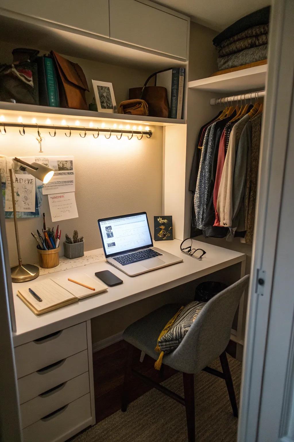 Under-shelf lighting brightens your workspace efficiently.