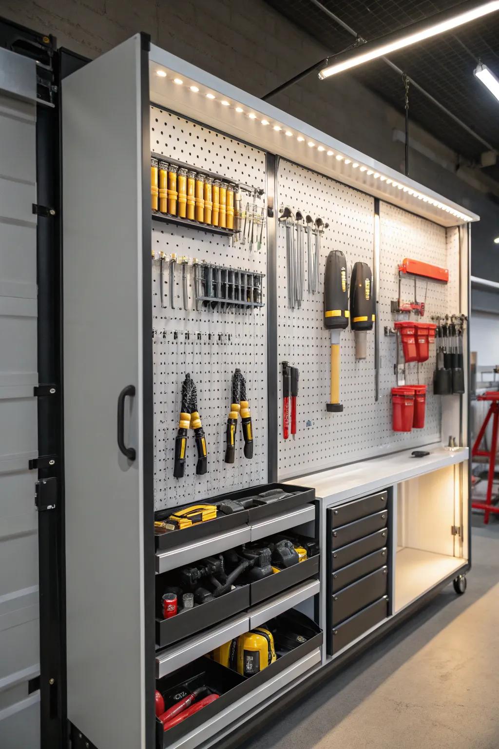 Vertical storage with wall-mounted shelves and hooks in a tool crib.