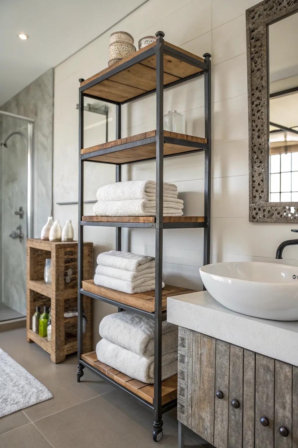 Industrial shelves blend function and style for towel storage.