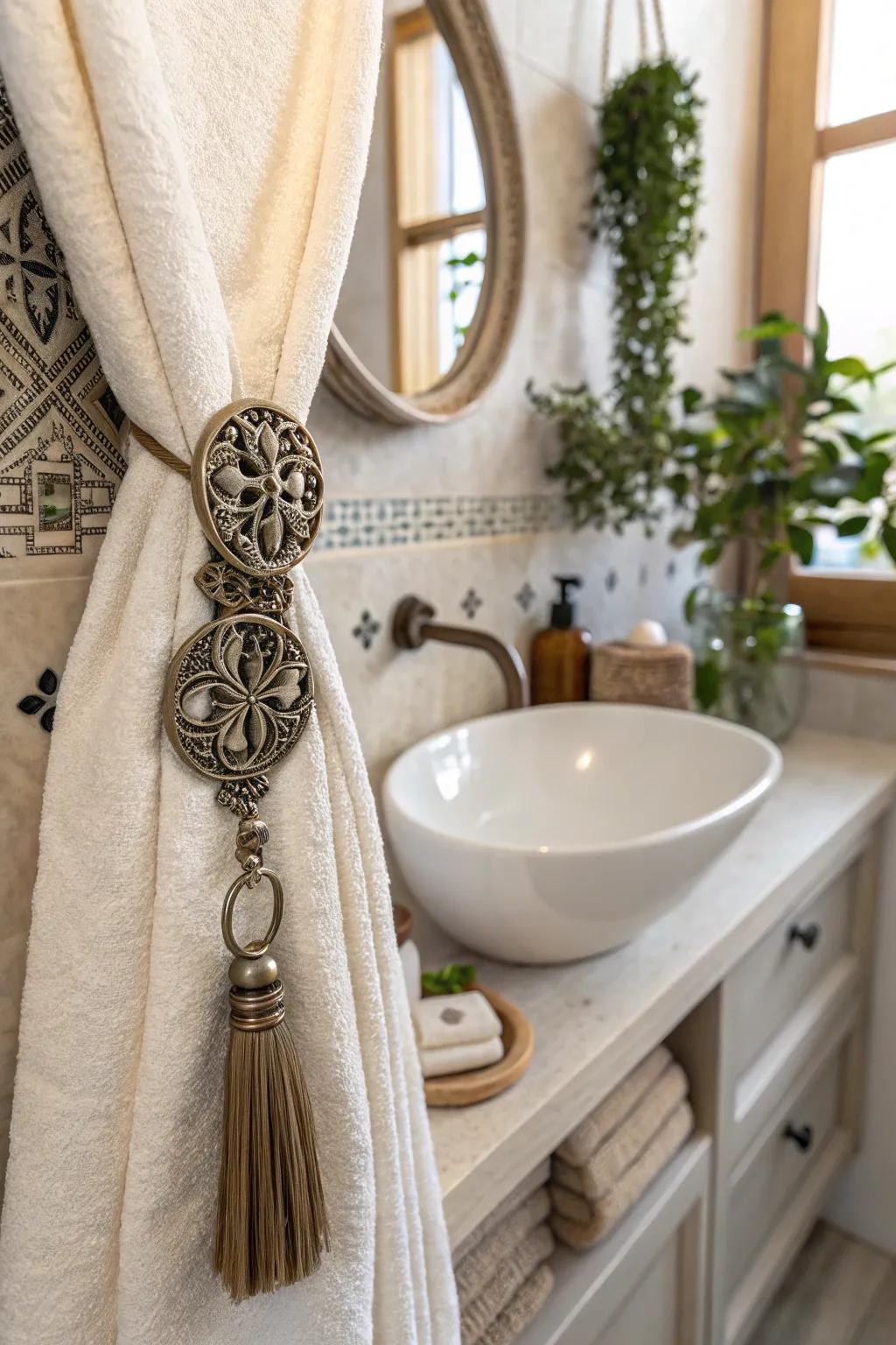 Elevate your bathroom decor with a touch of elegance: repurpose ornate curtain tie-backs as stylish towel holders!
