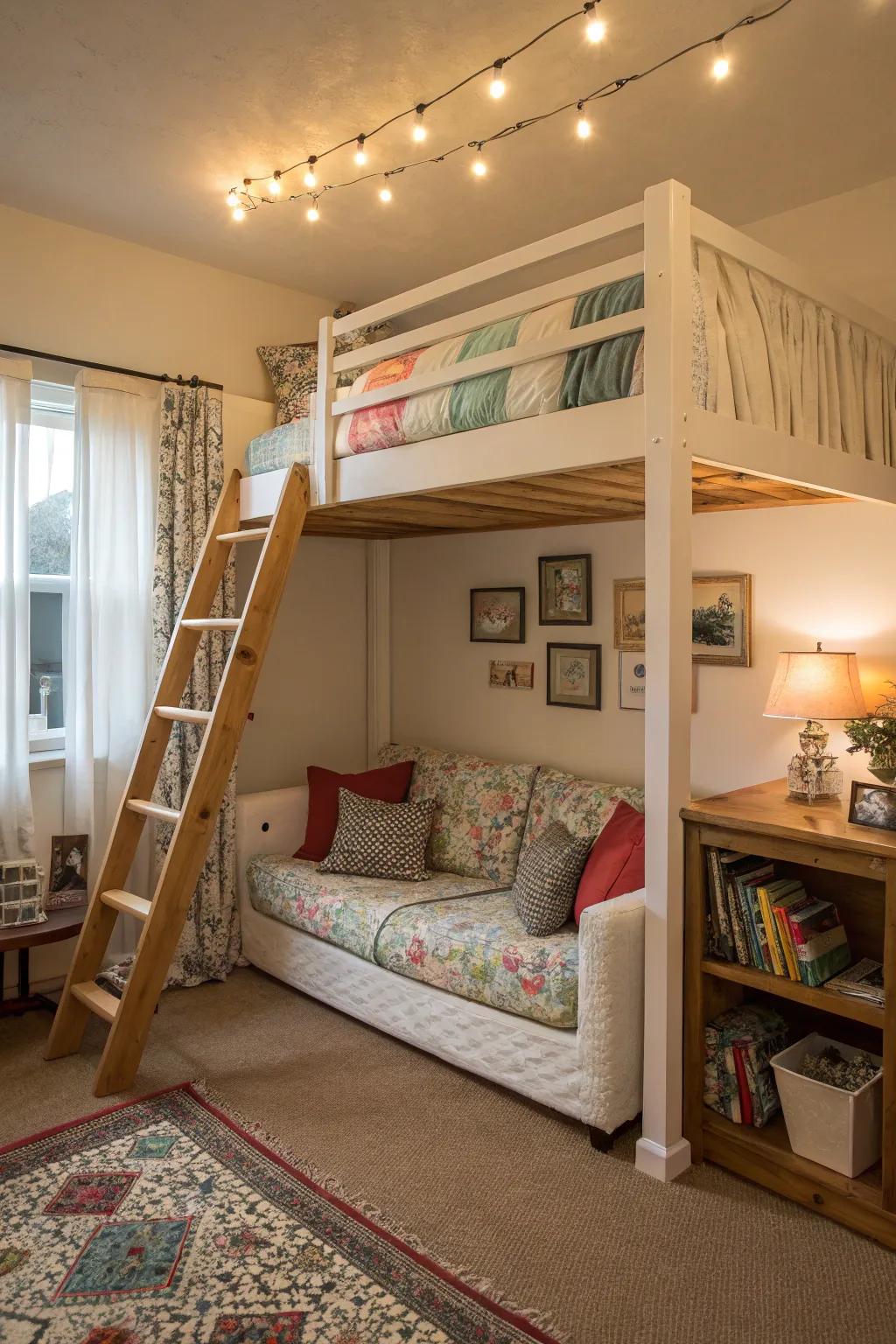 A loft bed maximizes space, creating room for a cozy sitting area.