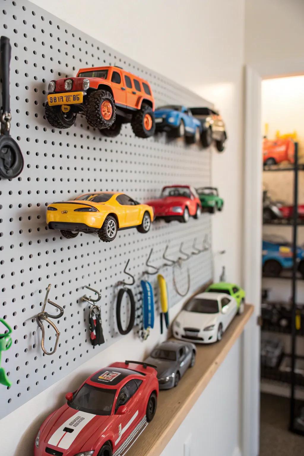 A versatile pegboard used for displaying toy cars.