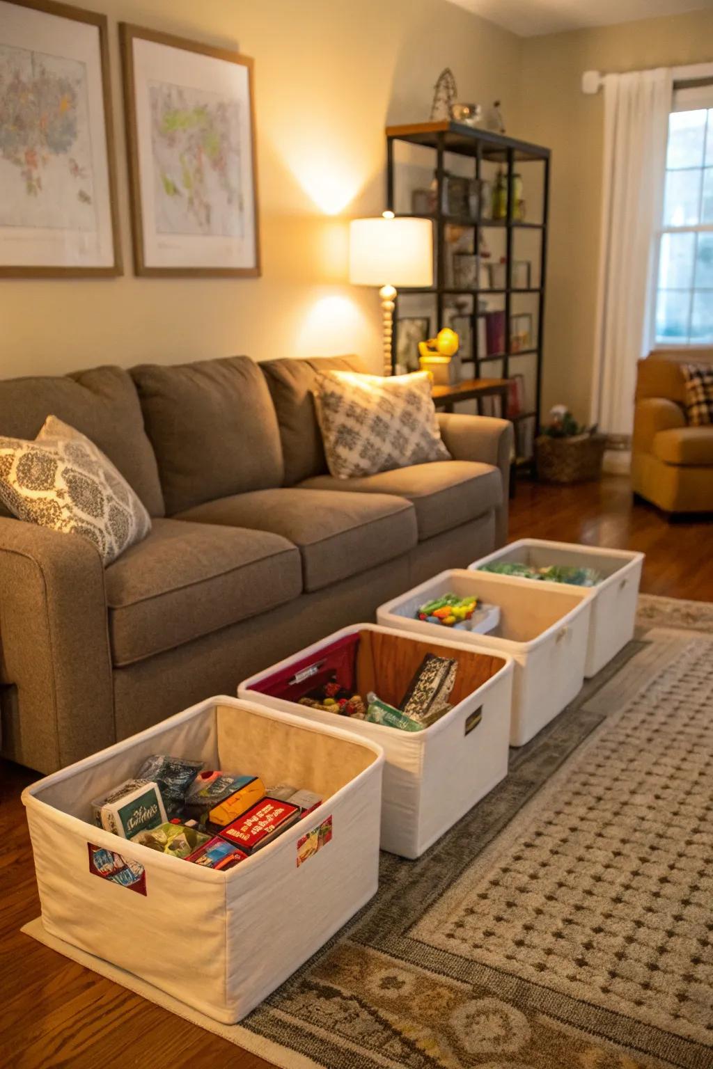 Flat bins under the sofa offer hidden toy storage.