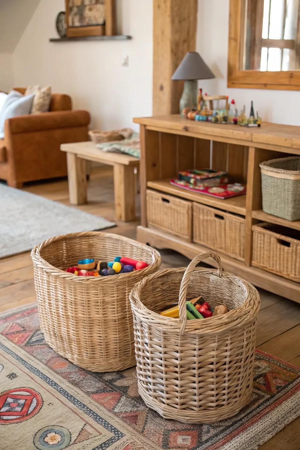 Rustic wicker baskets as a charming toy storage solution.