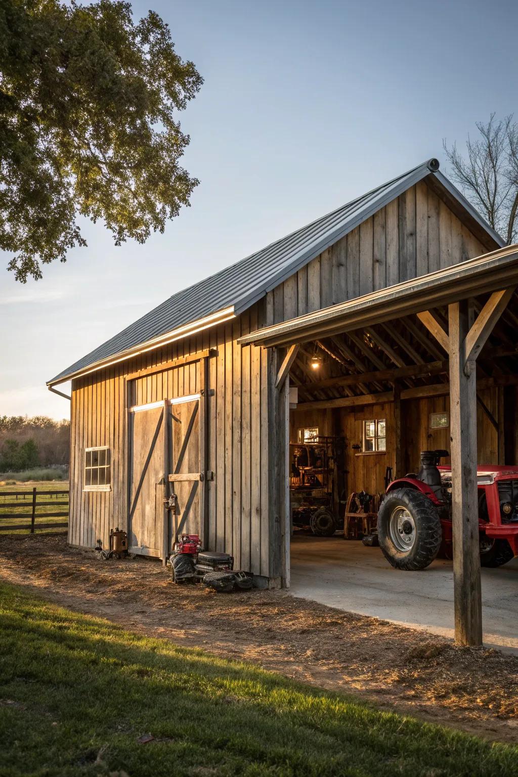 Elevate your tractor shed plans with a striking blend of wood and metal for a modern, crafted look.