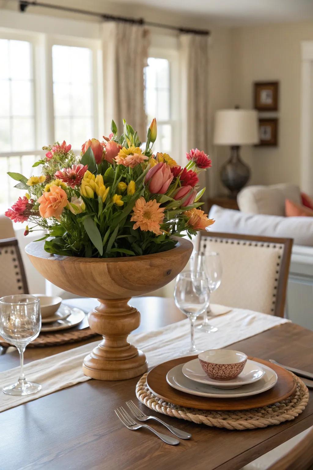 Natural elements like flowers add a refreshing touch to the dining room.