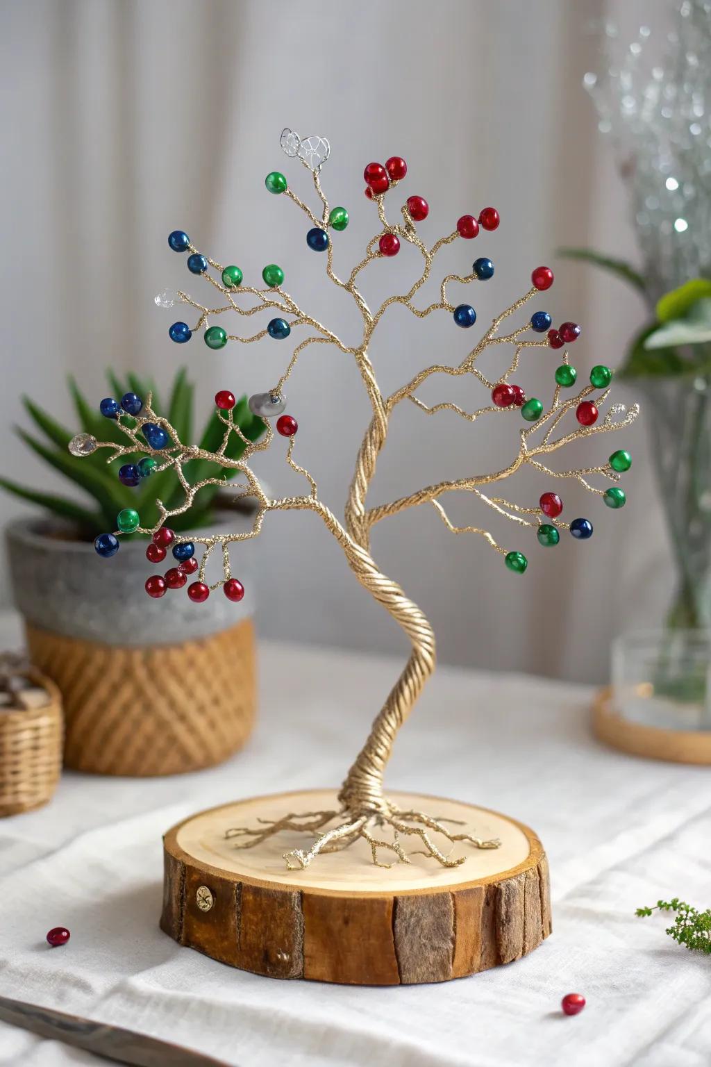 Discover the elegance of minimalism with a touch of sparkle: a handcrafted wire and bead tree sculpture that brings natural beauty and vibrant color into your space.
