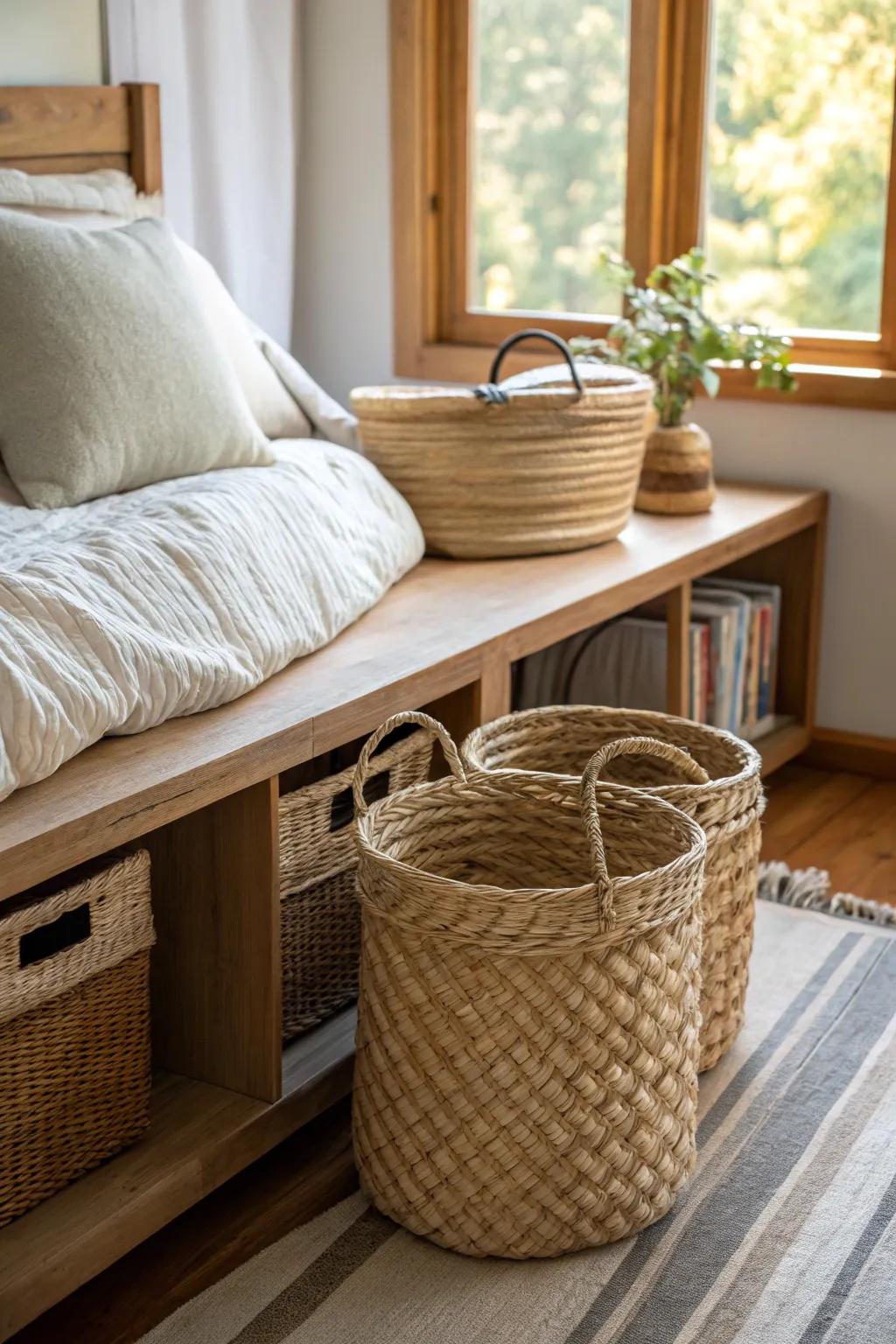 Woven baskets bring texture and functionality to the space.