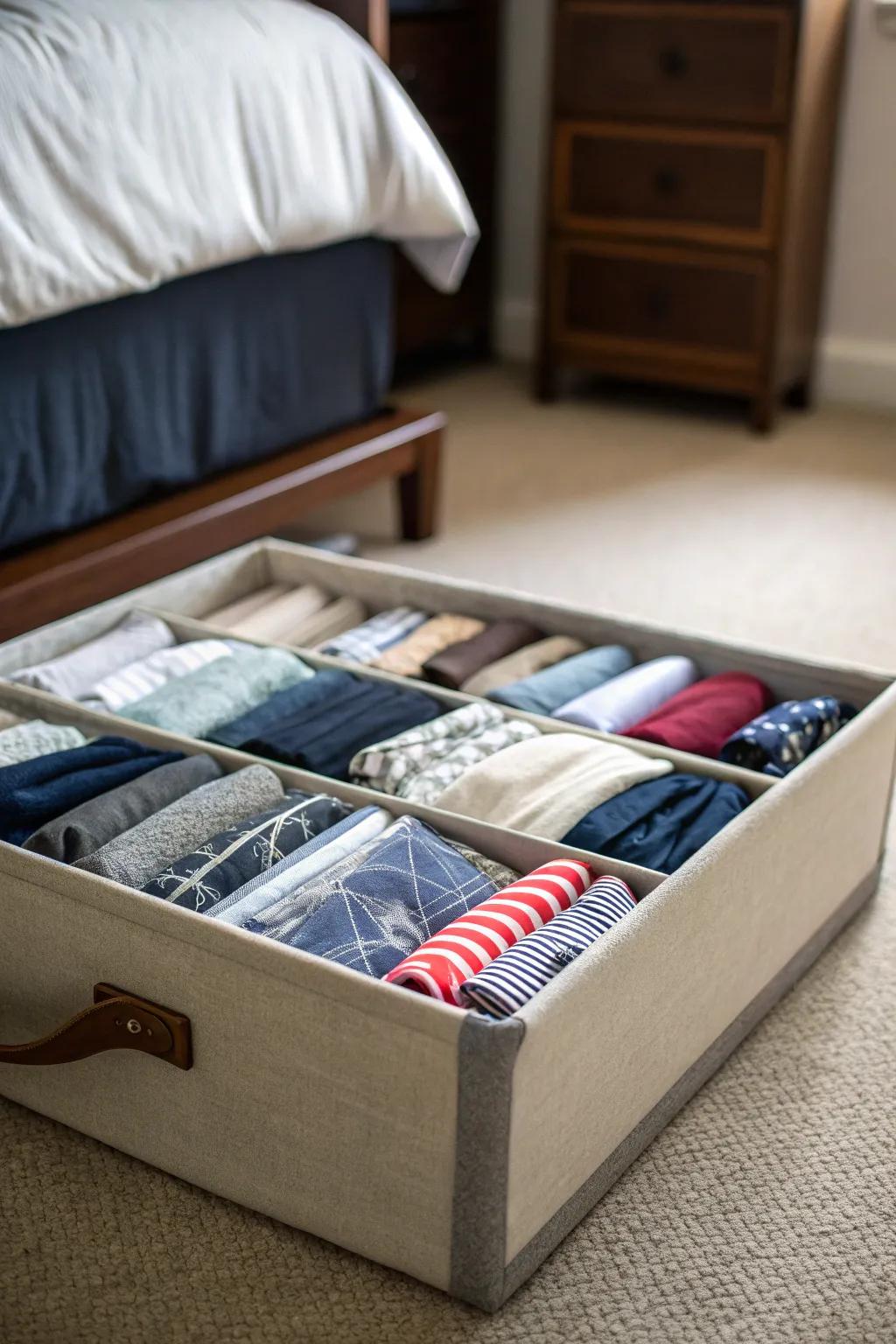 T-shirts stored in an under-bed storage box.