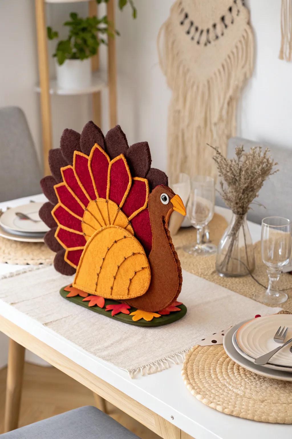 Add a touch of handmade charm to your table with this vibrant felt turkey centerpiece, combining minimalist elegance with bold Boho vibes.